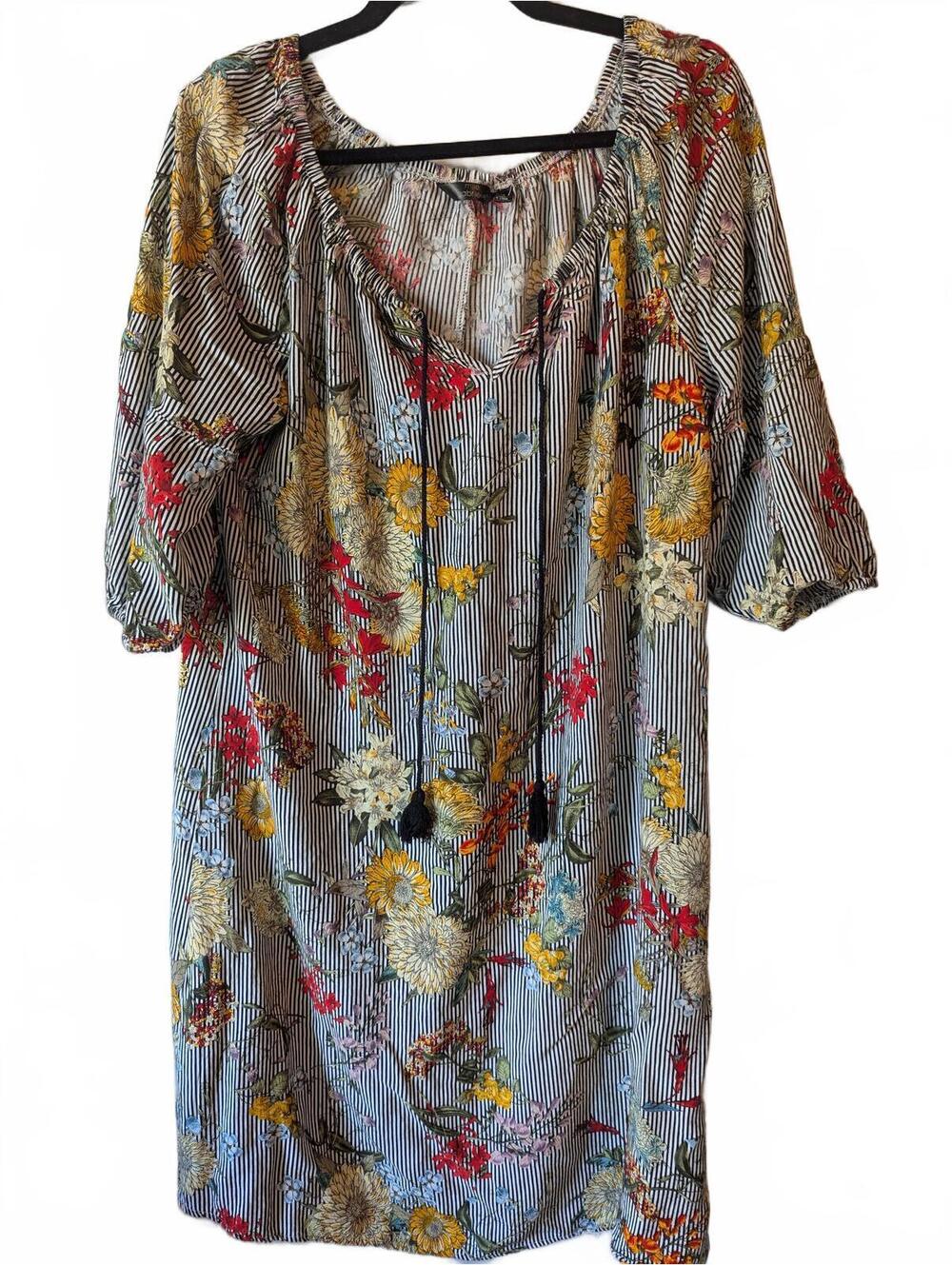 Floral Pattern Striped Dress with 3/4 Sleeves